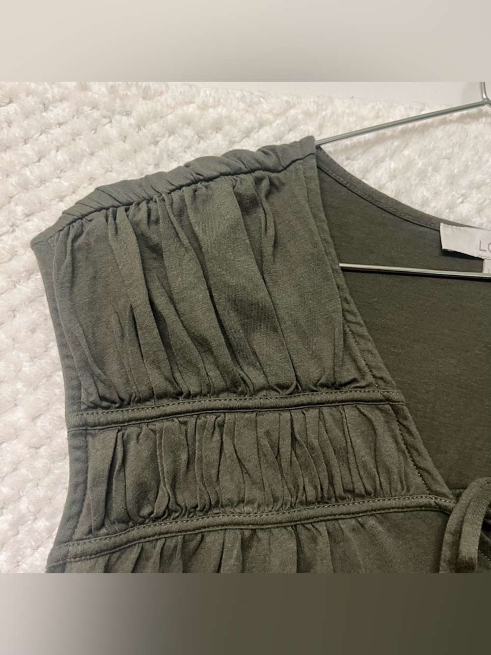 LOFT Shirred Tie Neck Top Green Cotton Blend Boho Chic V-neck Womens Large - Picture 4 of 12